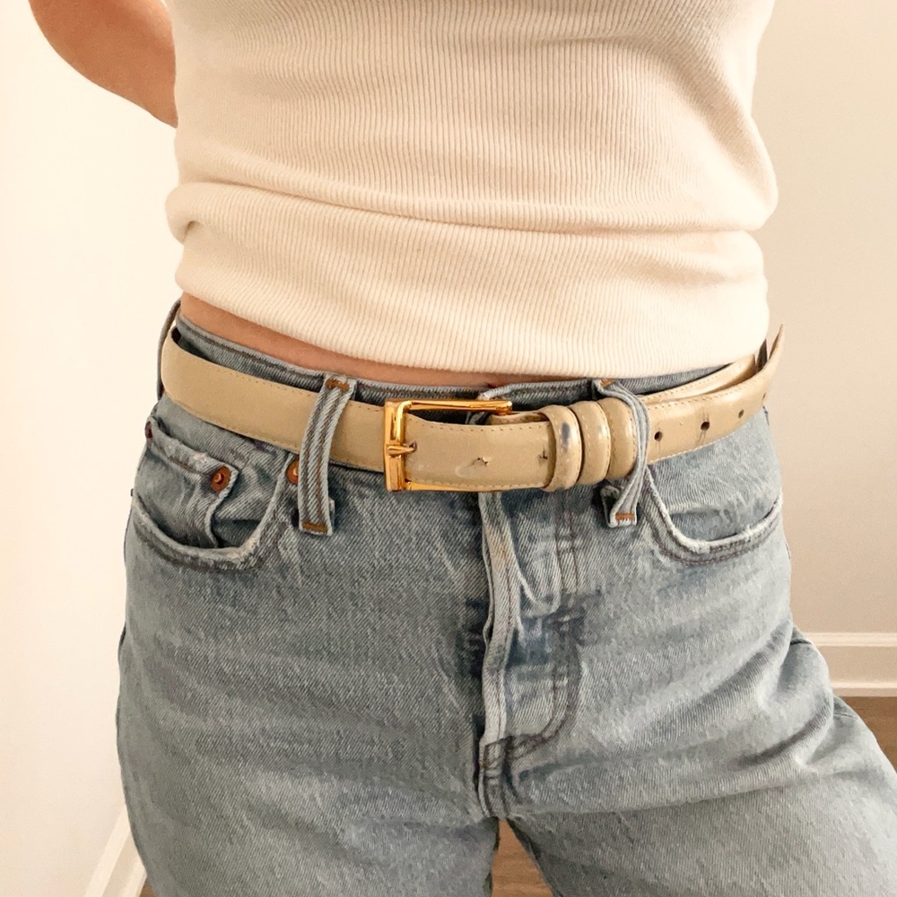Vintage Beige Leather Belt with Gold Buckle